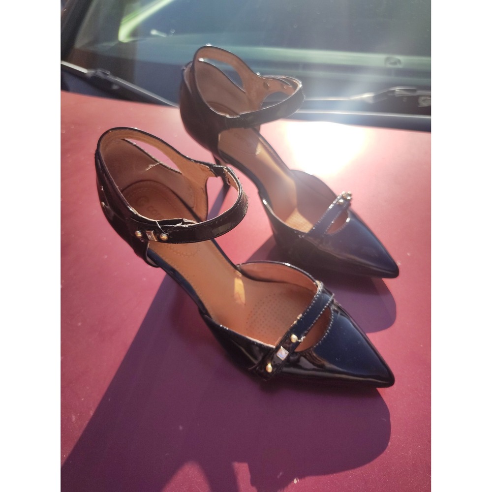Corso Como Black Patent Leather Pointed Toe Ankle Strap‎ D'Orsay Heels Studded